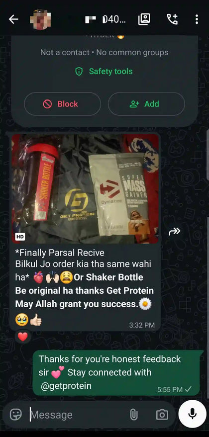 GetProtein customer WhatsApp feedback